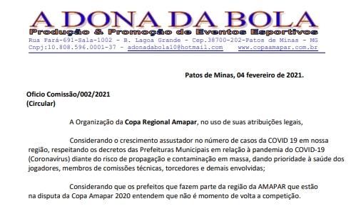 [Copa AMAPAR] – Aumento dos casos de Covid-19 mantém a competição suspensa.